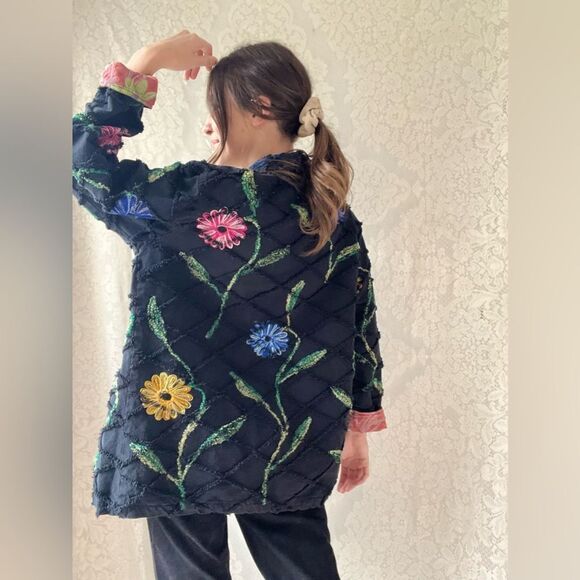 Vintage 90s Roaman’s 100% Cotton Black Floral Embroidered Button Front Jacket - Picture 9 of 12
